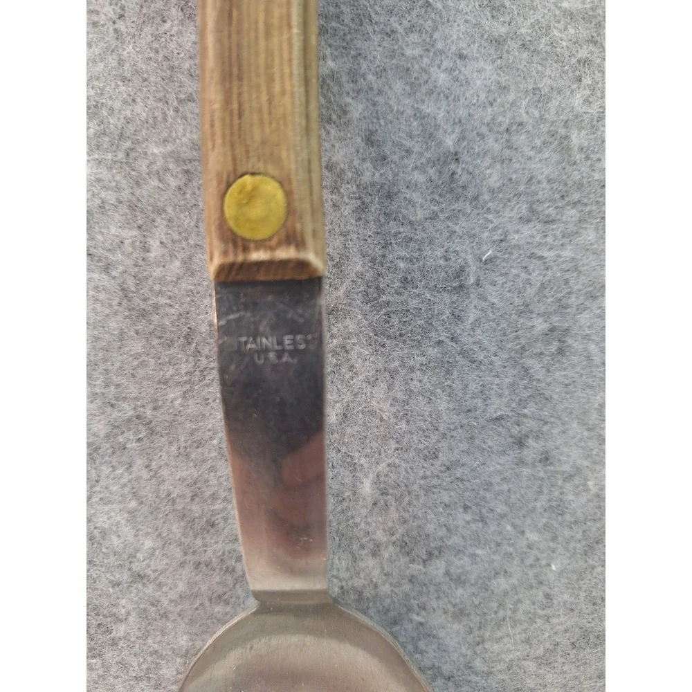 Vintage Stainless USA Serving Spoon Wood Grain Handle Brass Rivets 10.5 Inch